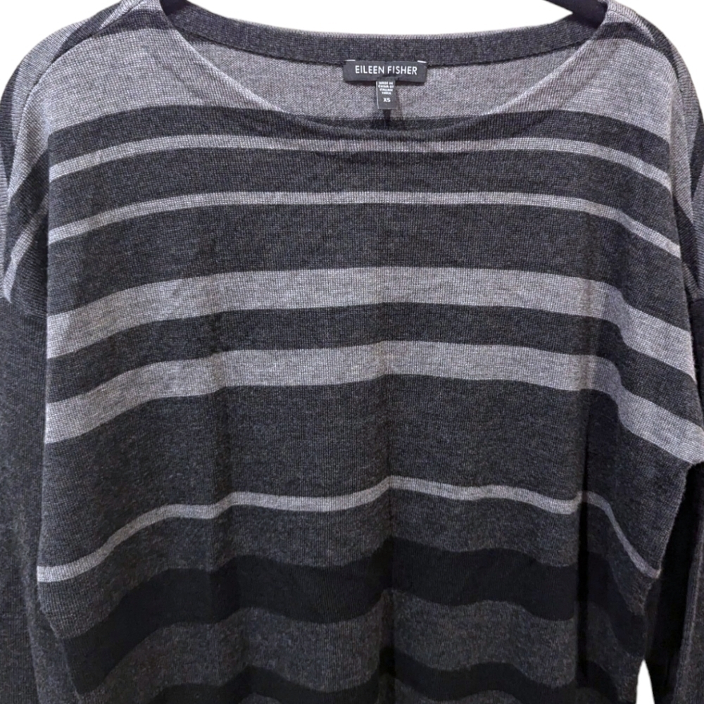 Eileen Fisher Gray Striped Merino Wool Tunic Length Sweater (XS) - Picture 4 of 6